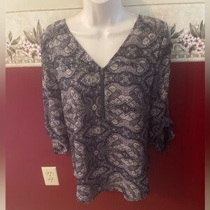 Maurices Navy and Cream Patterned V-Neck Zip Tunic